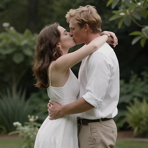 Passionate Kiss in a Lush Garden