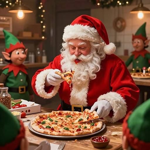 Santa Enjoying Pizza with Playful Elves