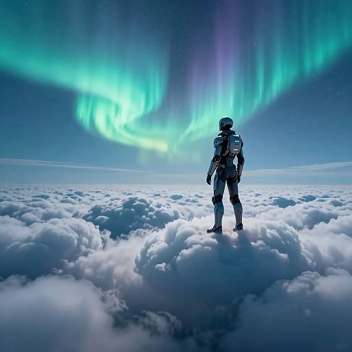 Astronaut in full gear stands on clouds, gazing at vibrant green and blue auroras in a starry, cosmic night sky. Digital art