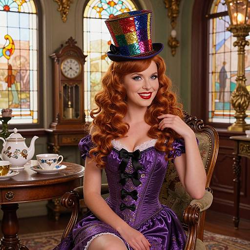 Digital illustration of a smiling red-haired woman in a purple corset dress and colorful top hat, sitting in an elegant, sunlit Victorian room with stained