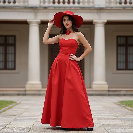 Photograph of a fair-skinned woman with black hair, wearing a strapless red gown and wide-brimmed red hat, posing confidently in front
