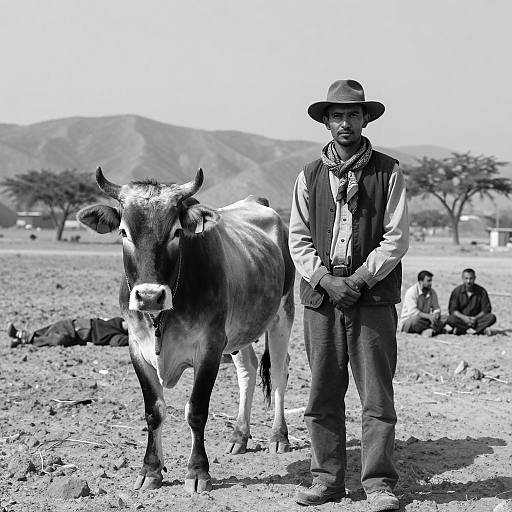 Desert Portrait: Man and Cow in Monochrome