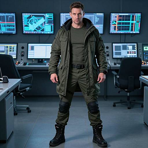 Man in Tactical Gear in High-Tech Control Room