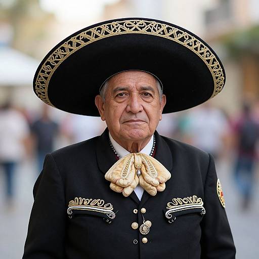 Photograph of an elderly Hispanic man in traditional black charro suit with ornate gold embroidery, large black sombrero with gold trim, and white bow