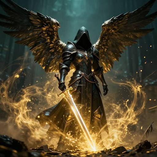 Digital fantasy artwork of a dark, armored angel with glowing wings standing in fiery flames, holding a glowing sword in a misty forest.