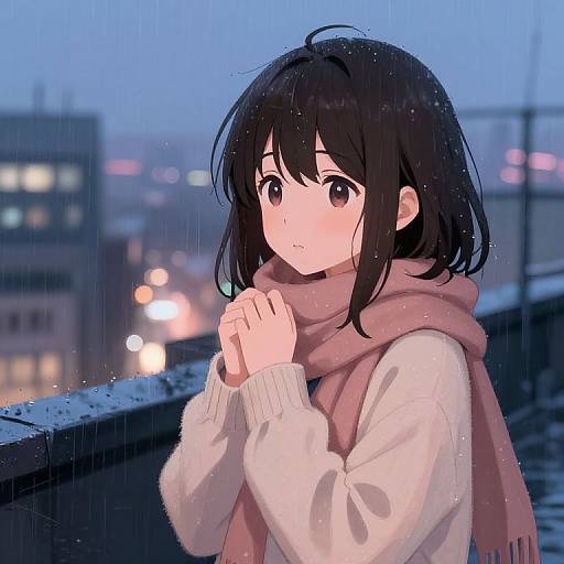 Melancholic Anime Girl on Rainy Rooftop