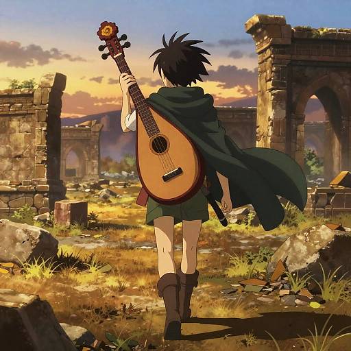 Anime-style drawing of a boy with spiky black hair, green cape, and short skirt, playing a lute in a ruins at sunset.