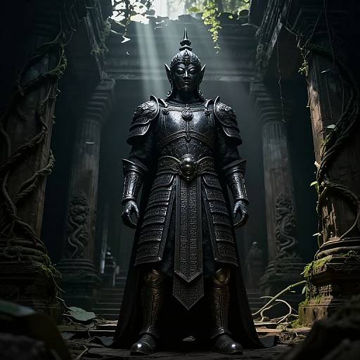Photorealistic CGI of a dark, ornate, medieval knight in armor standing in a dimly lit, ancient, vine-covered temple with sunlight streaming