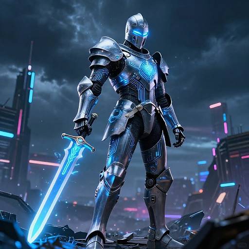 Digital CGI image of a futuristic, blue-lit armored knight with glowing eyes, holding a glowing blue sword, standing on rubble in a neon-lit