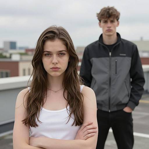 Serious Young Woman and Man on Rooftop