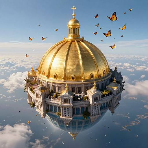 Photorealistic CGI of a golden-domed, white cathedral floating in the clouds, surrounded by fluttering butterflies, reflecting on a calm, mirror-like