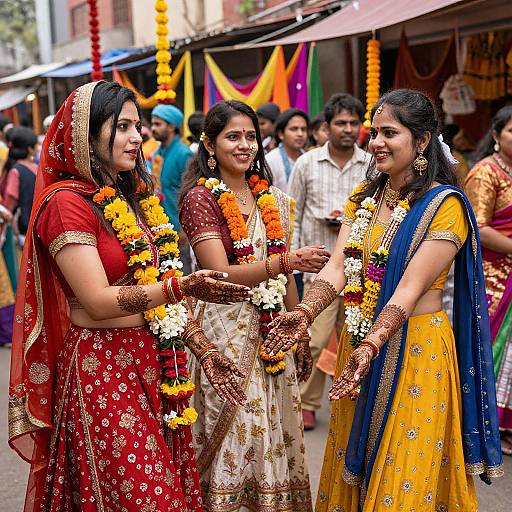 Three Indian women in colorful traditional sarees, adorned with floral garlands and henna, smiling and interacting at a vibrant street celebration.