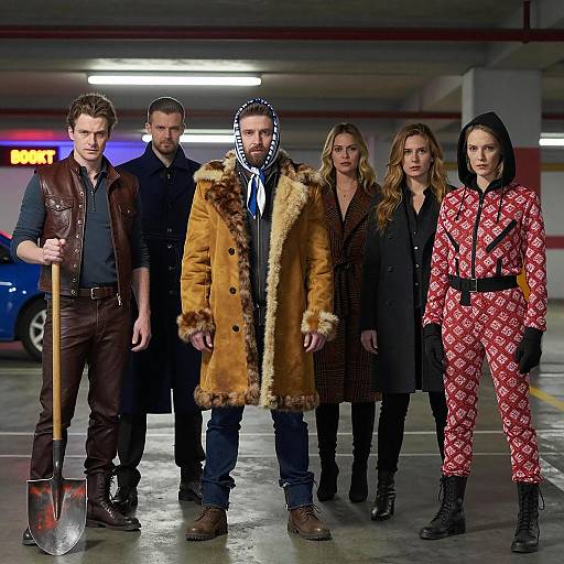 Diverse Group in Neon-Backlit Garage