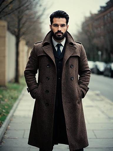Man in Brown Wool Overcoat on City Sidewalk