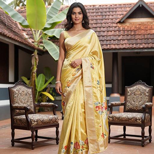 Photograph of an elegant Indian woman with dark hair, wearing a golden saree with floral embroidery, standing outdoors near ornate chairs and a banana plant