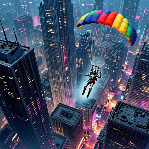 Digital artwork of a person parachuting with a multicolored parachute over a neon-lit, futuristic cityscape of skyscrapers at night.