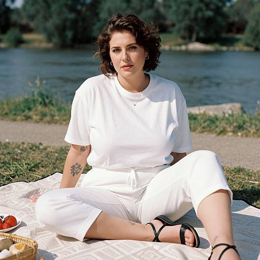 Photograph of a woman with short dark hair, white outfit, black sandals, and tattoos, sitting on a picnic blanket by a lake.