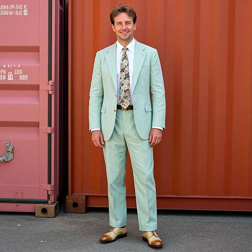 Photograph of a smiling man with curly brown hair, wearing a light blue suit, white shirt, patterned tie, and brown shoes, standing in