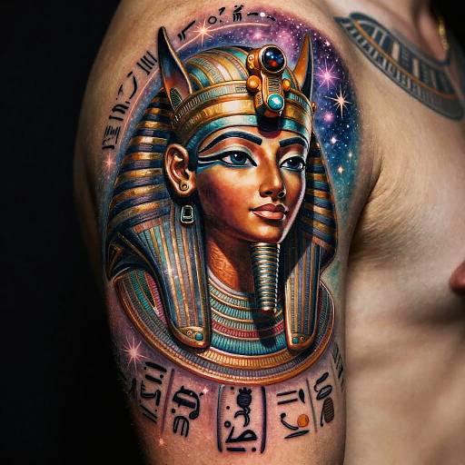 Photograph of a tattoo on a shirtless man's upper arm featuring an Egyptian goddess with a starry background, gold crown, and hieroglyph