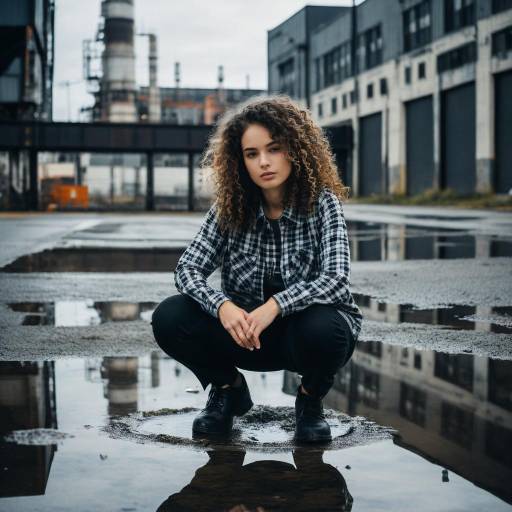 Young Woman Squatting in Urban Industrial Area