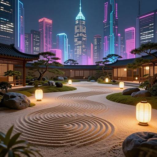 Neon-lit cityscape background with vibrant skyscrapers contrasts traditional Japanese garden; intricate sand ripples, glowing lanterns, and bonsai trees