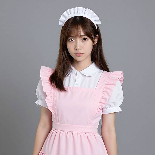 Photograph of an Asian woman with straight brown hair, wearing a pink and white maid outfit with a white headband, standing against a plain gray background