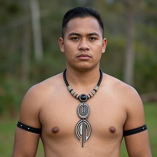 Photograph of a shirtless Asian man with short black hair, wearing tribal jewelry, black armbands, and a forest background. Serious expression,