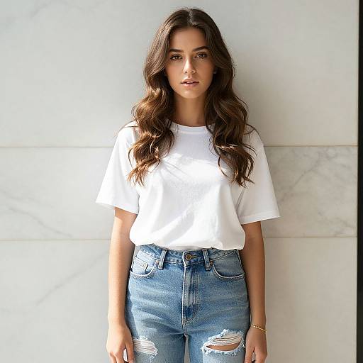 Photograph of a young woman with long, wavy brown hair, wearing a white t-shirt and high-waisted, ripped blue jeans, standing