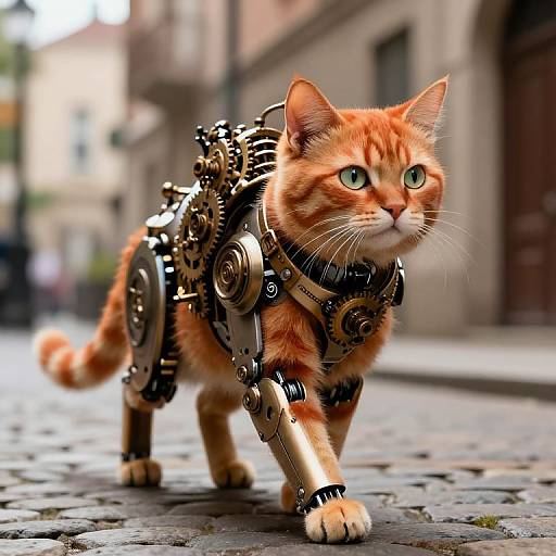 Photograph of a robotic, orange tabby cat with intricate, steampunk-style gears and mechanisms, walking on a cobblestone street. Bl