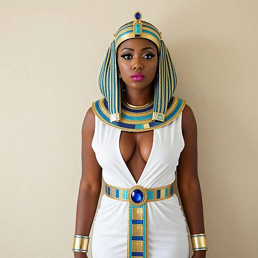Photograph of a dark-skinned woman in an Egyptian-inspired outfit with a deep neckline, striped headpiece, gold and blue accessories, and vibrant pink