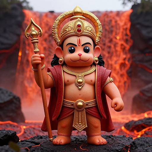 Photorealistic CGI of a chubby, baby-like Hindu deity with large eyes, gold headgear, red sash, holding a staff, against a