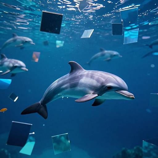 Photograph of a dolphin swimming underwater among several other dolphins, surrounded by floating square and rectangular glass panels, in a deep blue aquatic environment.