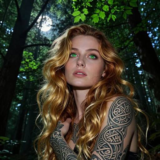 Photograph of a fair-skinned woman with long, wavy, red hair, green eyes, and intricate black tribal tattoos, standing in a dark