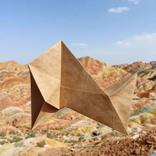 Photograph of a brown, triangular paper kite flying in a desert landscape with red and orange rocky hills and a clear blue sky.
