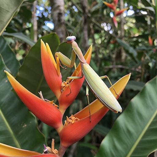 Photograph of a praying mantis perched on a vibrant red and yellow bird of paradise flower, surrounded by lush green tropical foliage.