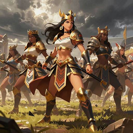 Digital art: Strong, dark-haired warrior woman in gold and red armor, holding a spear, leading a group of armored warriors under a dramatic, cloudy