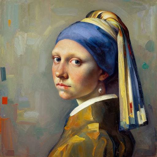 Digital painting of a young woman with fair skin, blue headscarf, and pearl earring, wearing a yellow-brown dress, looking over her
