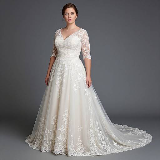 Photograph of a plus-size woman in a white lace wedding dress with three-quarter sleeves and a long, flowing train, standing against a gray studio backdrop