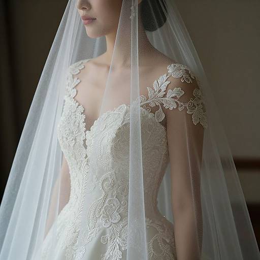 Photograph of an Asian bride in an intricately lace-embroidered white wedding dress, wearing a long, sheer veil, standing in soft,