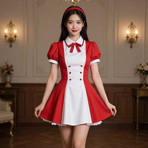 Young Asian woman in a red and white Alice in Wonderland-style dress with puffed sleeves, red bow, and headband, standing in an elegant,