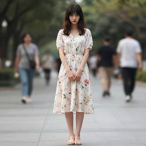 Photograph of an Asian woman with shoulder-length black hair, wearing a white floral dress, standing barefoot on a city sidewalk, blurred background with people