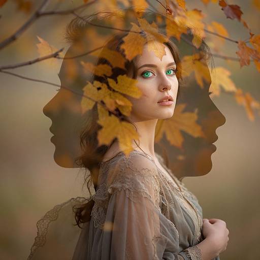 Photograph-like digital art of a fair-skinned woman with green eyes, wearing a lace dress and veil, surrounded by autumn leaves.