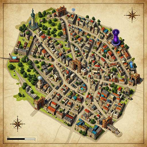 Colorful, detailed top-down digital illustration of a medieval village with colorful rooftops, winding streets, a central church, and a blue-purple magical circle