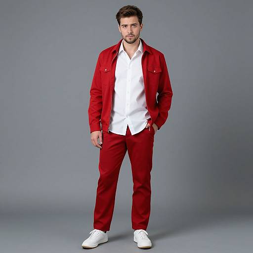 Photograph of a handsome, bearded man with short dark hair, wearing a bright red jacket, white shirt, red pants, and white sneakers,