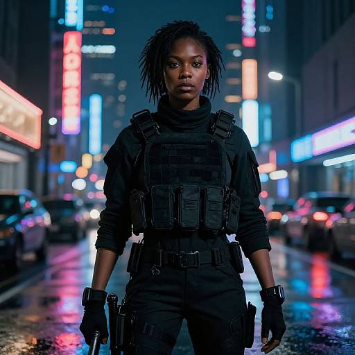 Photorealistic CGI: Black woman with dreadlocks, tactical gear, standing confidently in neon-lit, rainy, urban street at night, cars blurred
