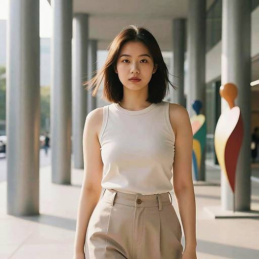 Photograph of an Asian woman with straight black hair, wearing a white sleeveless top and beige high-waisted pants, standing confidently in front of