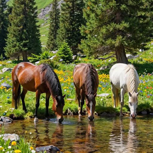 Horses by Mountain Stream in Painterly Style