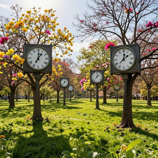 Photograph of six clock faces mounted on trees with colorful spring blossoms, set in a sunlit, grassy park.