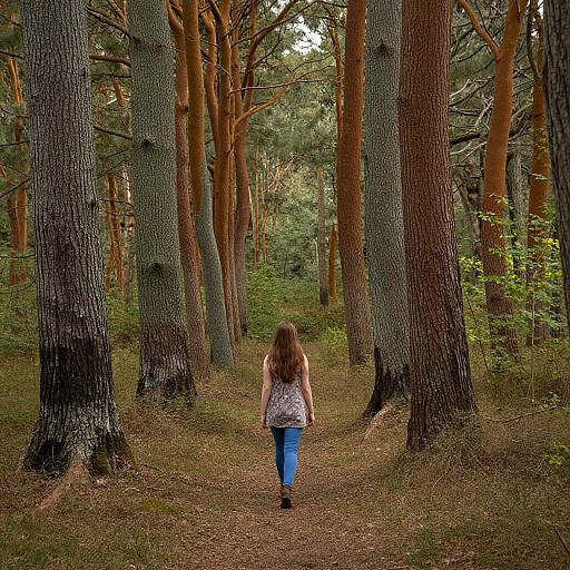 Photograph of a woman with long brown hair, wearing a white floral top and blue jeans, walking away on a forest path surrounded by tall pine trees