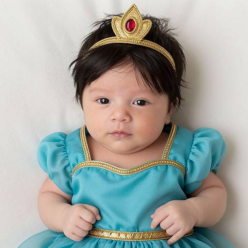 Photograph of a chubby, Asian baby with black hair, wearing a gold tiara with a red gem, and a turquoise dress with gold trim,